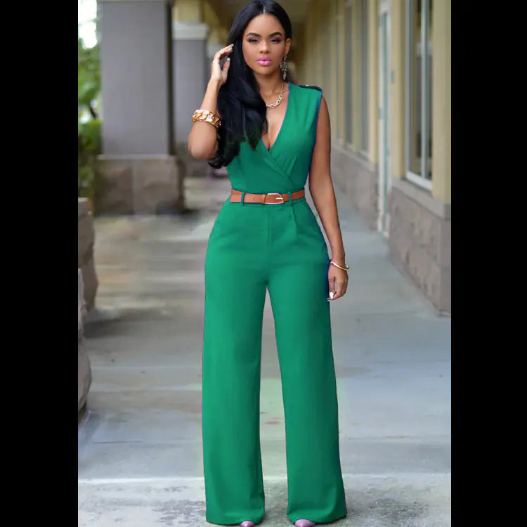High-Waisted V-Neck Wide-Leg Pants with Belt Set