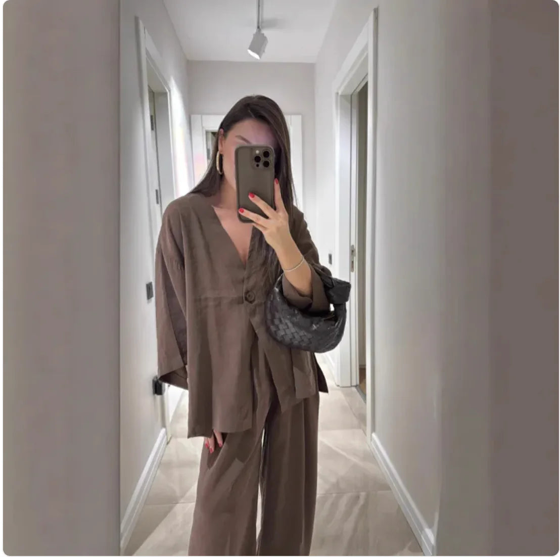 Women's V-Neck Wide Leg Pants Set