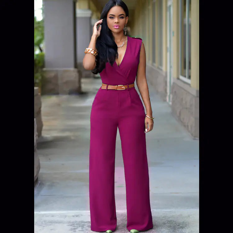 High-Waisted V-Neck Wide-Leg Pants with Belt Set
