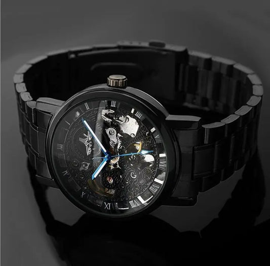 Men’s Automatic Mechanical Watch – Black Hollow Steel Band