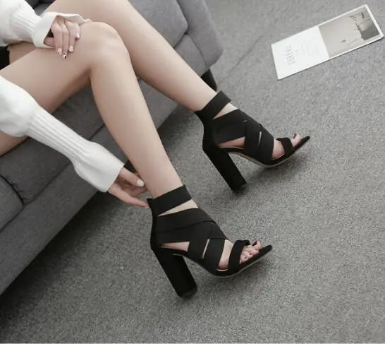 Chunky Heeled Open-Toe Sandals with Cross Straps