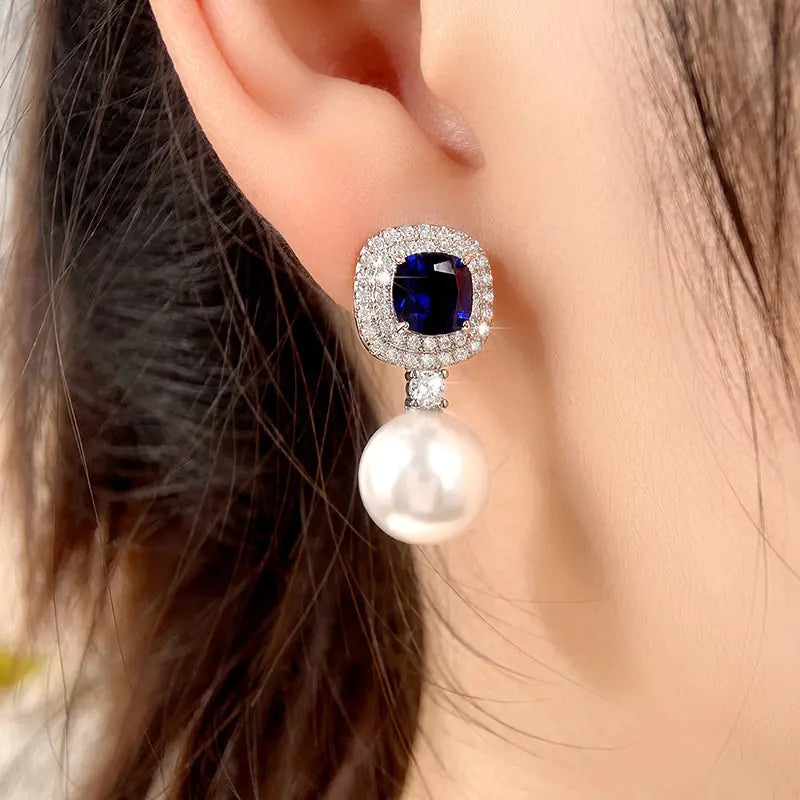 Elegant Pearl Earrings with Blue Zirconia Inlay