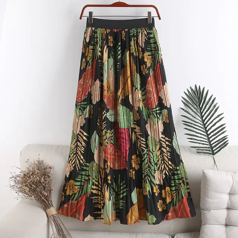 High Waist Floral A-line Chiffon Pleated Skirt