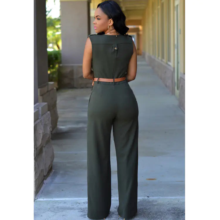 High-Waisted V-Neck Wide-Leg Pants with Belt Set