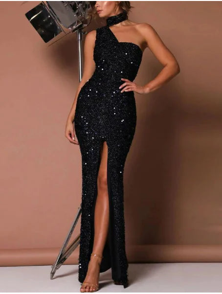 Backless Sequin Party Dress with Slit Design