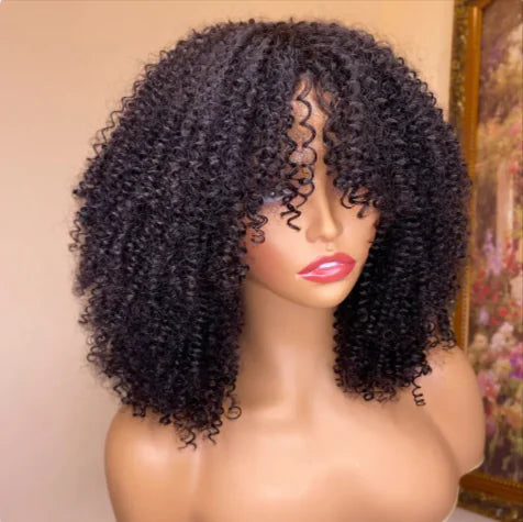 Kinky Curly Human Hair Pruik mit Pony – 100 % Echthaar