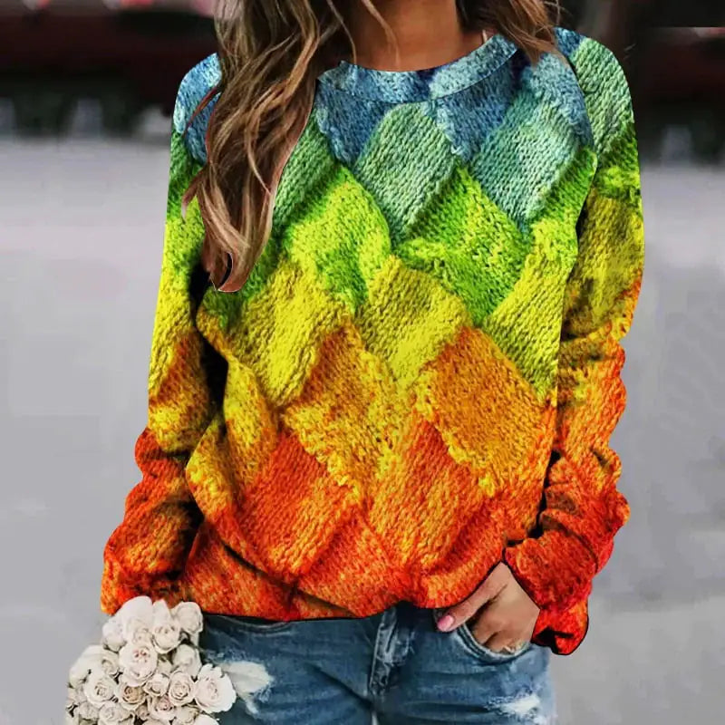 Printed Patchwork Round Neck Long Sleeve Women's Sweater