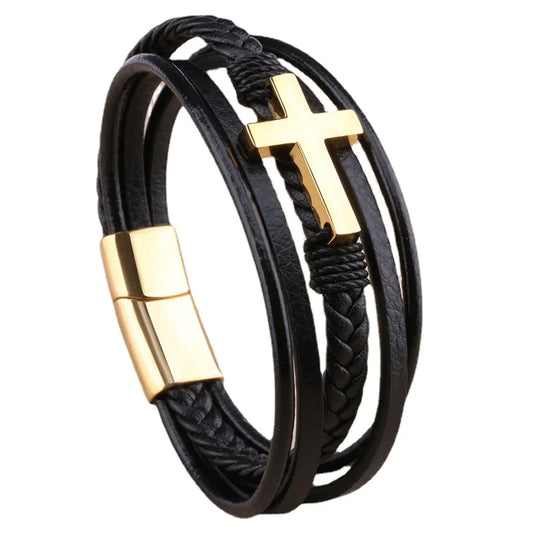 Men’s Retro Braided Leather Bracelet – Steel Accents