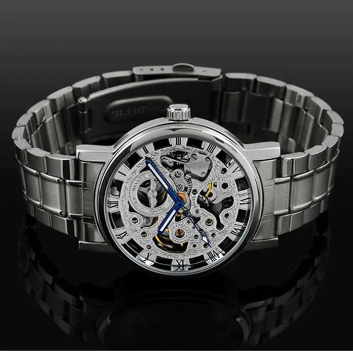 Men's Automatic Mechanical Watch with Black Hollow Steel Band