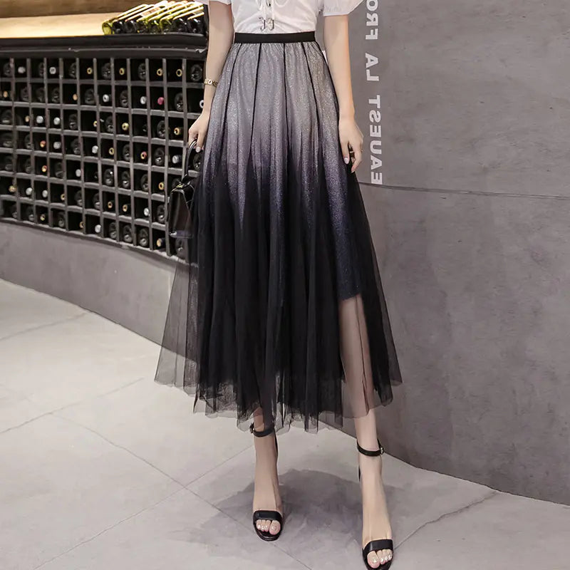 Gradient Tulle Midi Skirt, High-Waisted Flowing Design