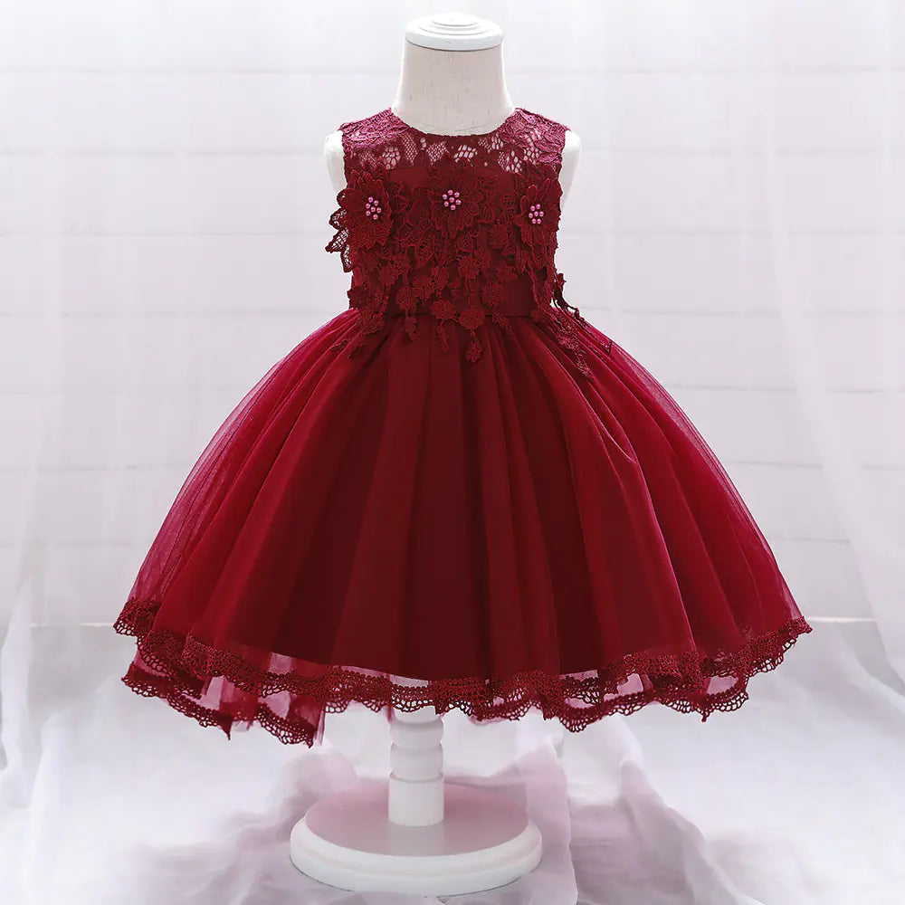 Lace Flower Pearl Flower Girl Dress for Kids 70cm to 90cm,