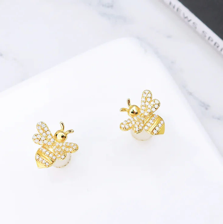 S925 Silver Bee Stud Earrings with Zirconia Stones