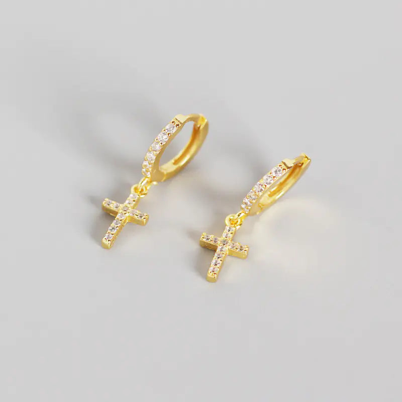 S925 Silver Geometric Cross Diamond Hoop Earrings