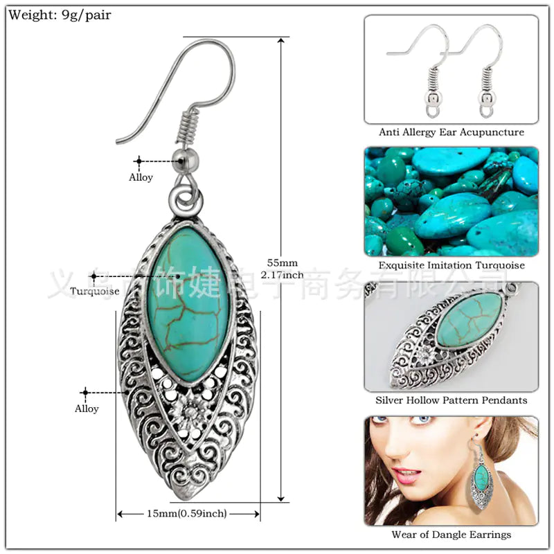 Bohemian Vintage Turquoise Leaf Earrings Accessory 13cm x 9cm x 5cm,