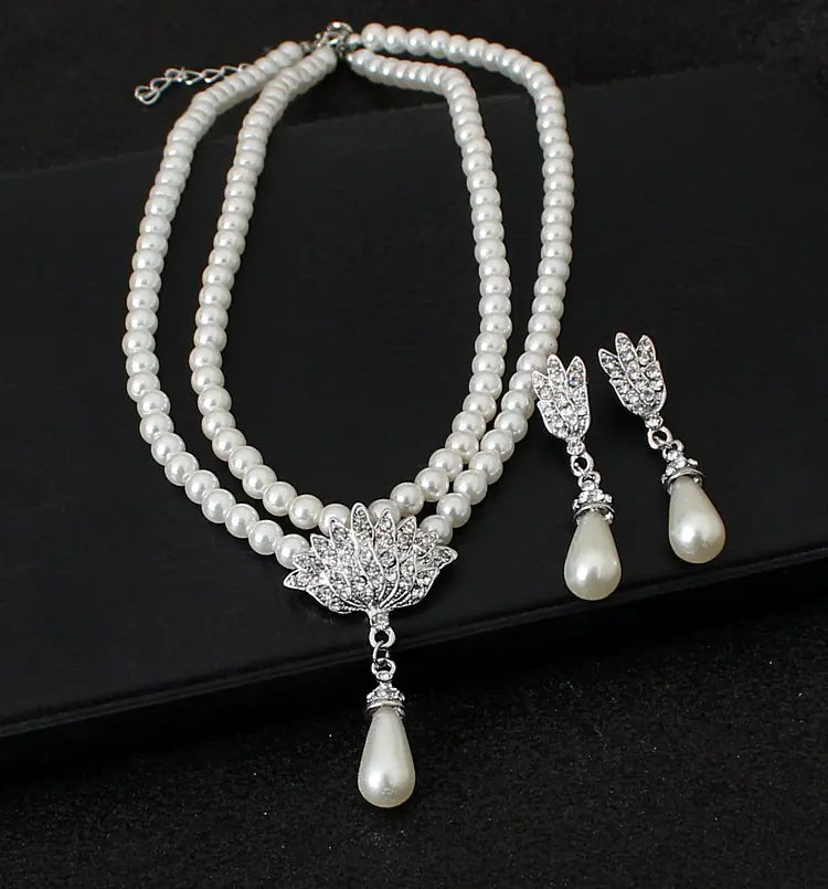 Bridal Pearl Crystal Necklace and Earring Set