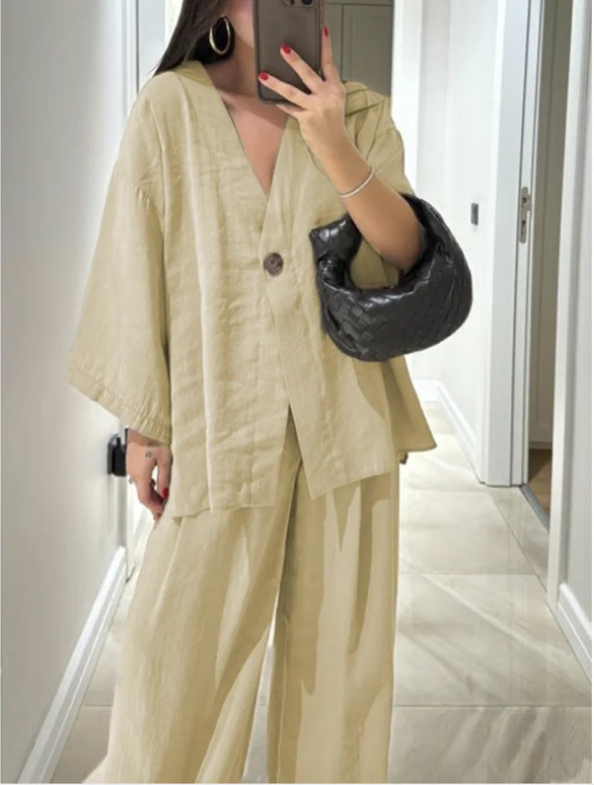 Women's V-Neck Wide Leg Pants Set