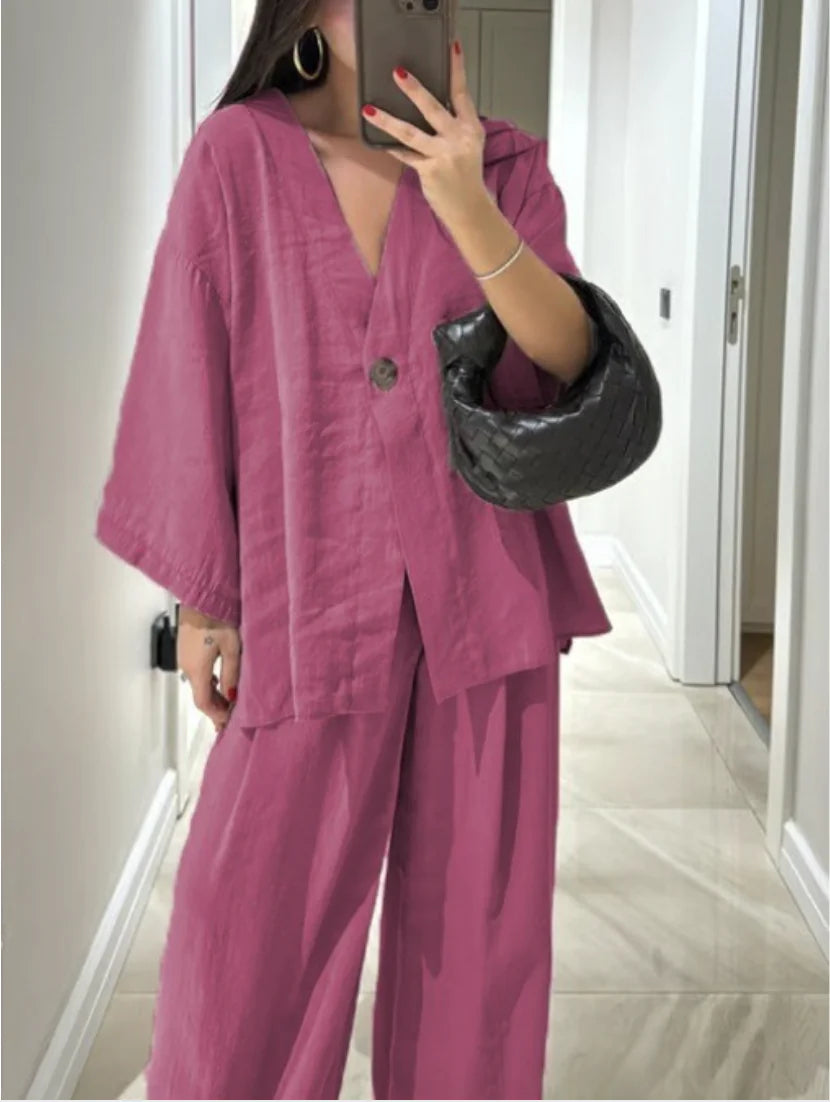 Women's V-Neck Wide Leg Pants Set
