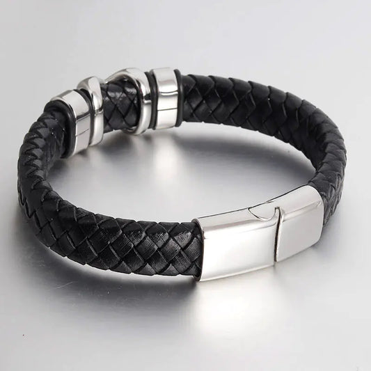Men’s Braided Leather Bracelet – Stainless Steel Accents