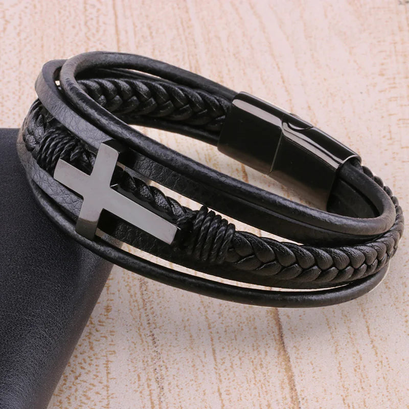 Geflochtenes Retro-Lederarmband für Herren – Akzente aus Stahl