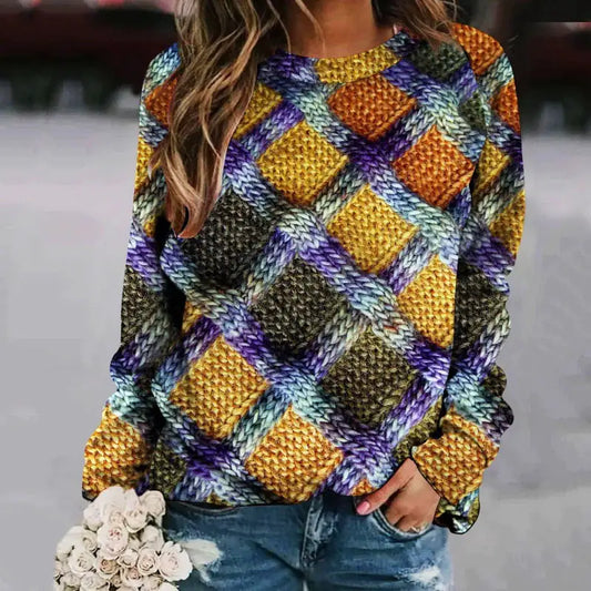 Printed Patchwork Round Neck Long Sleeve Women's Sweater