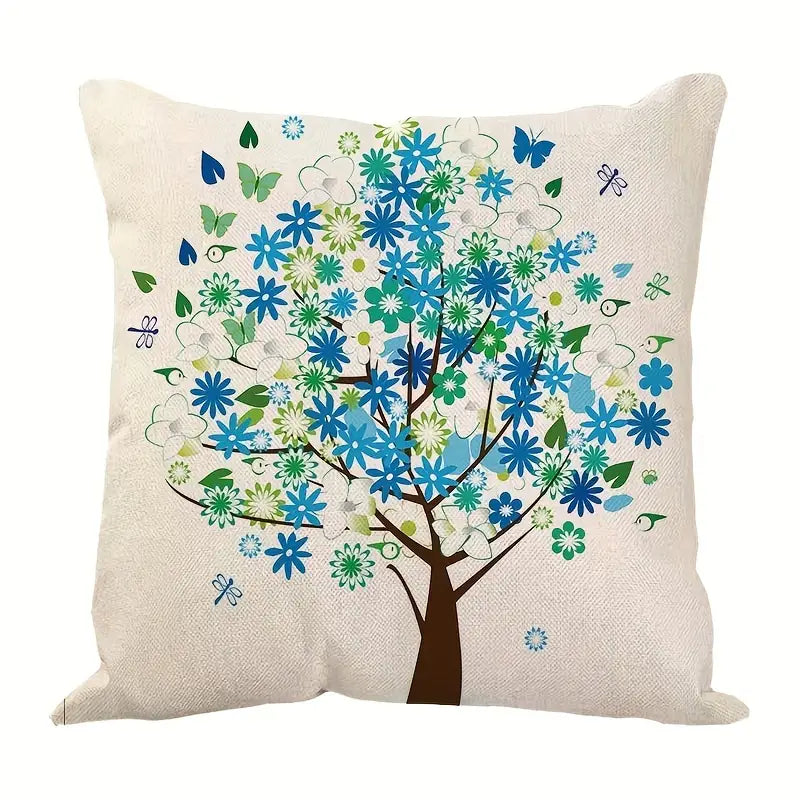 Linen Cartoon Tree Printed Throw Pillow Cover 17.72"