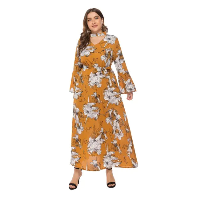 Plus Size Boho Floral Maxi Dress with Choker Neckline
