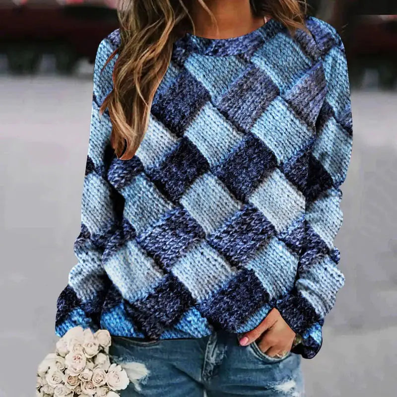 Printed Patchwork Round Neck Long Sleeve Women's Sweater