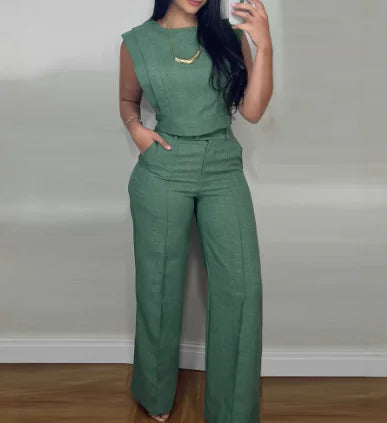 Short Top & Straight-Leg Pants Casual Women's Suit