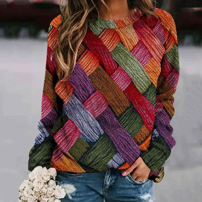 Printed Patchwork Round Neck Long Sleeve Women's Sweater