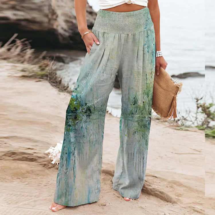 Plus Size Women's Floral Butterfly Print Wide Leg Pants