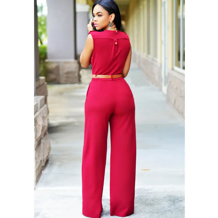 High-Waisted V-Neck Wide-Leg Pants with Belt Set