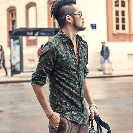 Floral Long Sleeve Shirt, Slim Fit Casual Top