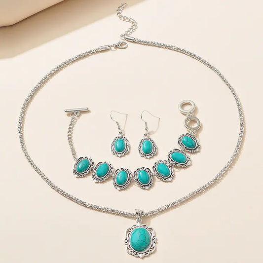 Bohemian Turquoise Jewelry Set: Necklace, Bracelet, Earrings