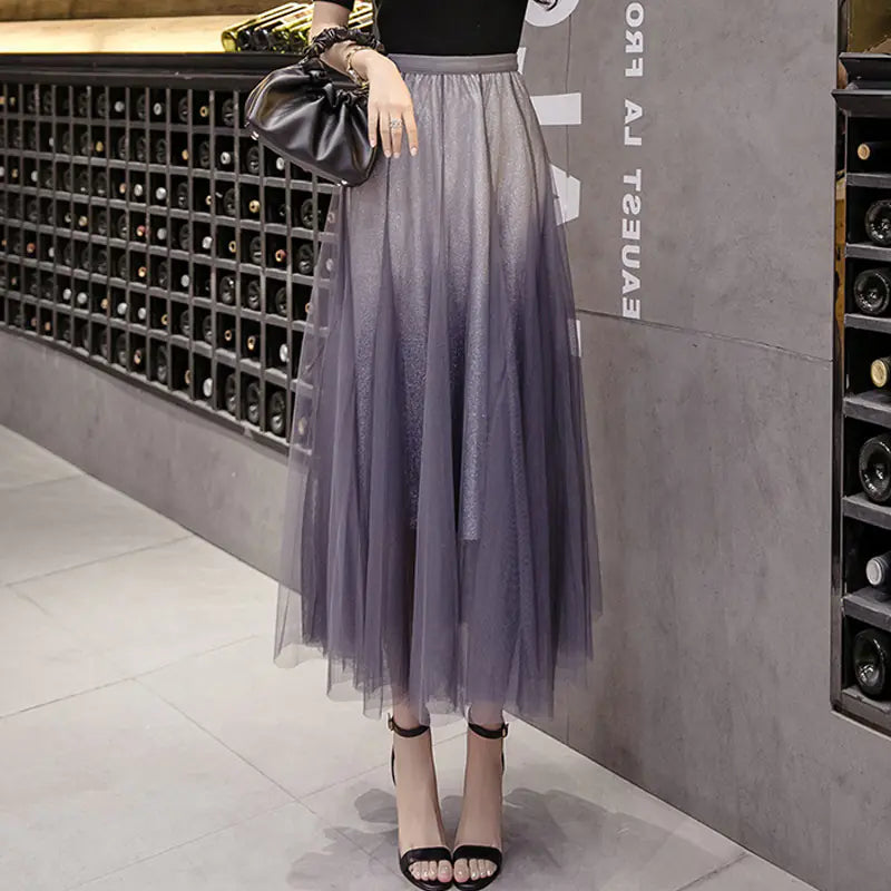 Gradient Tulle Midi Skirt, High-Waisted Flowing Design