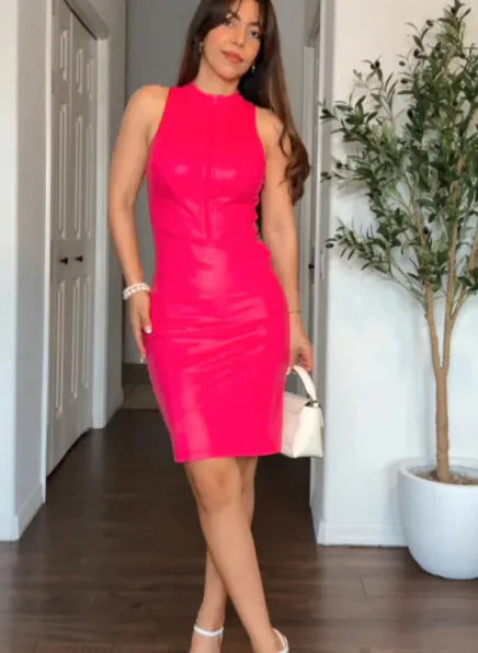 Women's Sleeveless Slim Fit PU Leather Sheath Dress