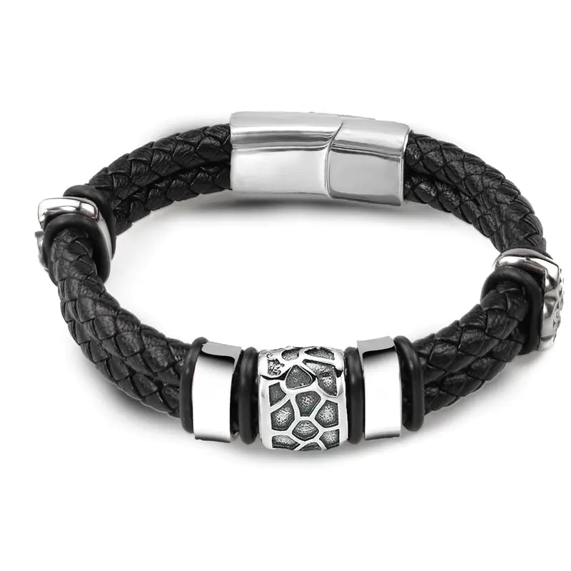 Men's Vintage Genuine Leather & Stainless Steel Bracelet