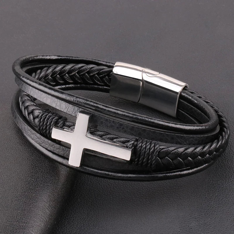 Geflochtenes Retro-Lederarmband für Herren – Akzente aus Stahl