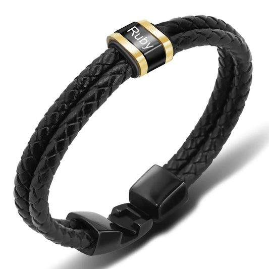 Men’s Braided Leather Bracelet – Black with Steel Beads