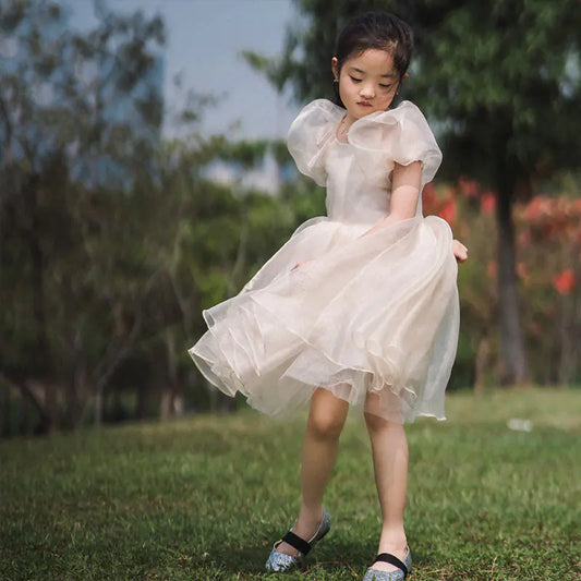 Girls' Puff Sleeve Mesh Princess Dress sizes: 90cm, 100cm, 110cm, 120cm