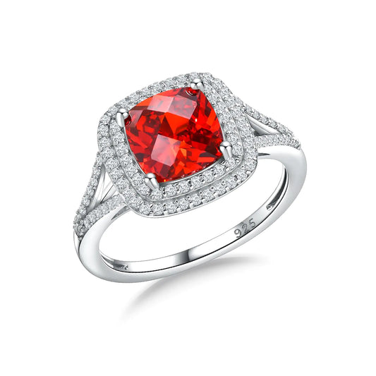 RANDES Cushion Shaped Red Garnet Ring for Women Sterling Silver January Birthstone Ring Gemstone Halo Engagement Ring Size 6