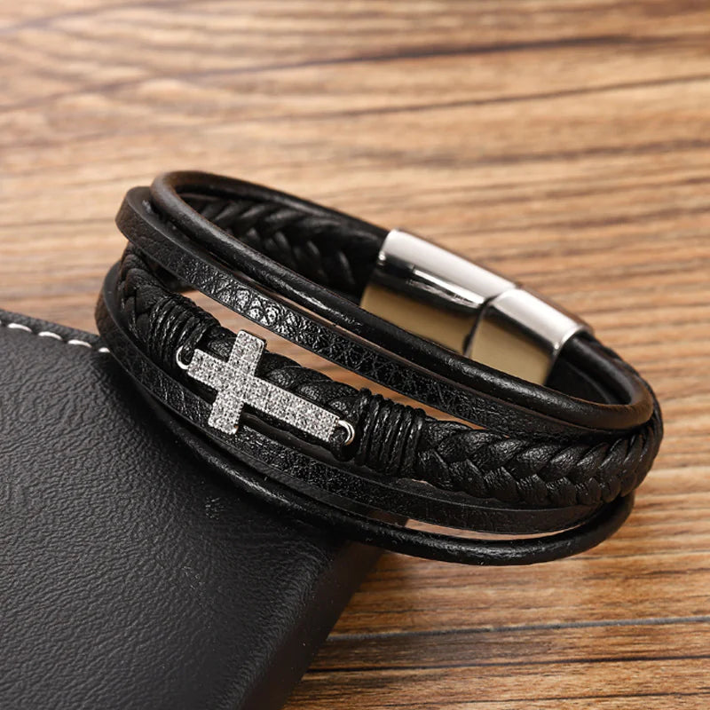 Geflochtenes Retro-Lederarmband für Herren – Akzente aus Stahl