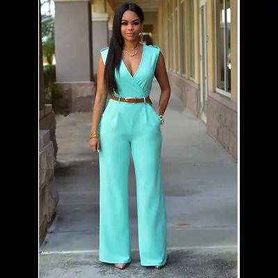 High-Waisted V-Neck Wide-Leg Pants with Belt Set