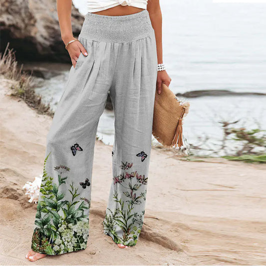 Plus Size Women's Floral Butterfly Print Wide Leg Pants