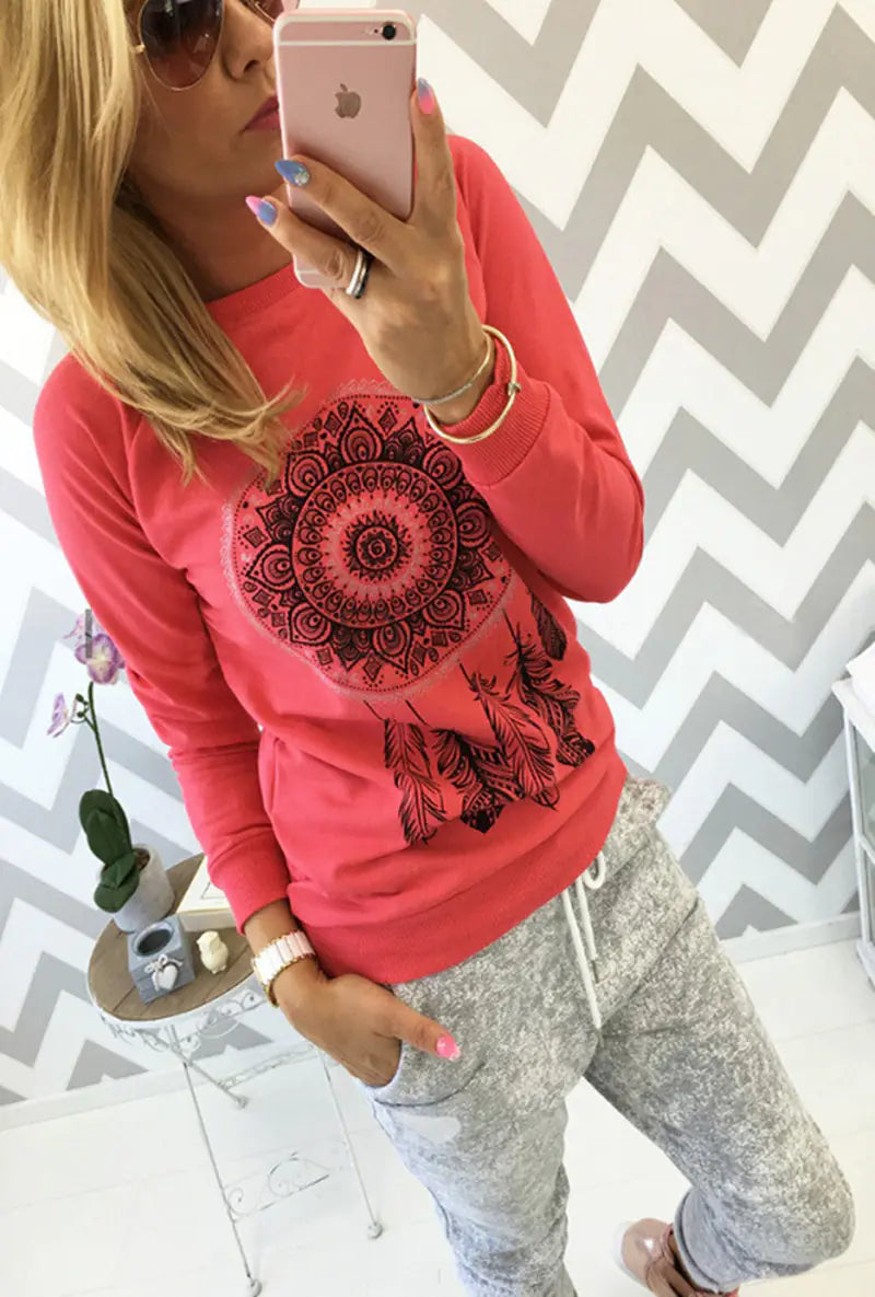 Women's Long Sleeve Round Neck Printed Sweater