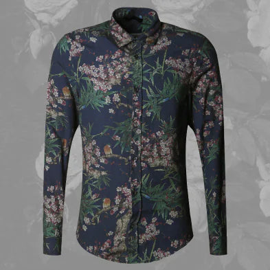 Floral Long Sleeve Shirt, Slim Fit Casual Top