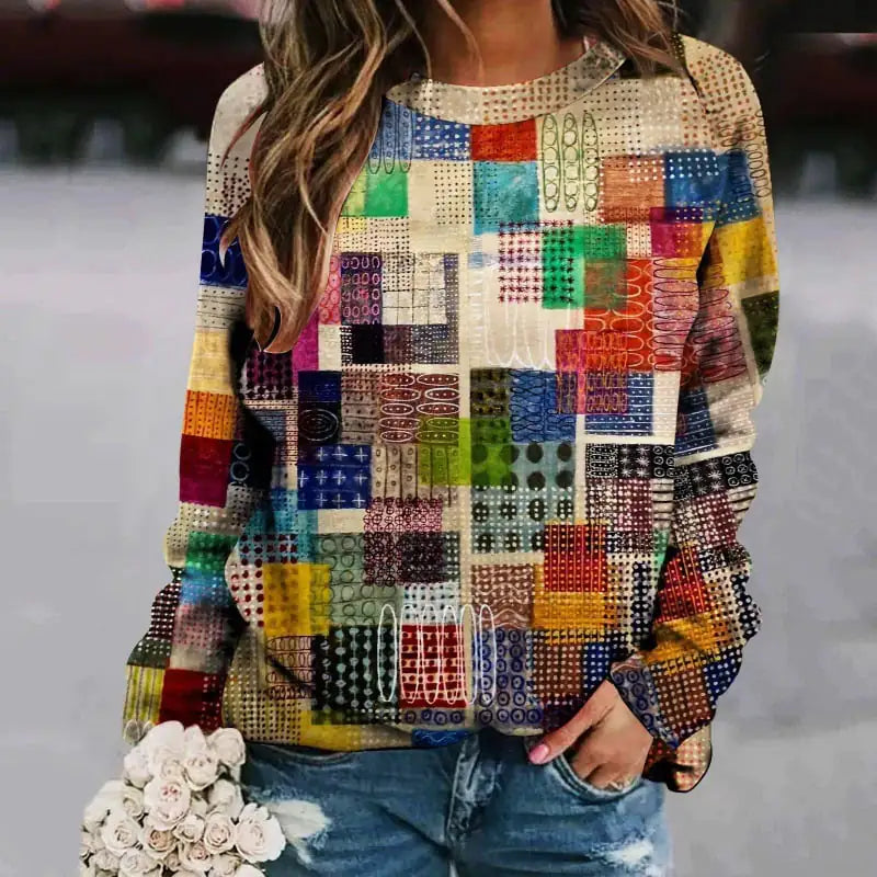 Printed Patchwork Round Neck Long Sleeve Women's Sweater