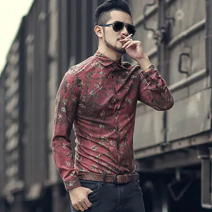 Floral Long Sleeve Shirt, Slim Fit Casual Top