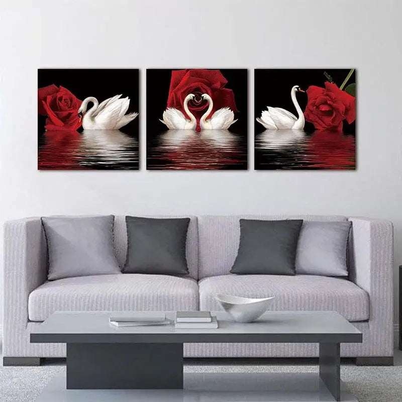 3pcs Canvas Posters - Romantic Swans & Red Roses Art