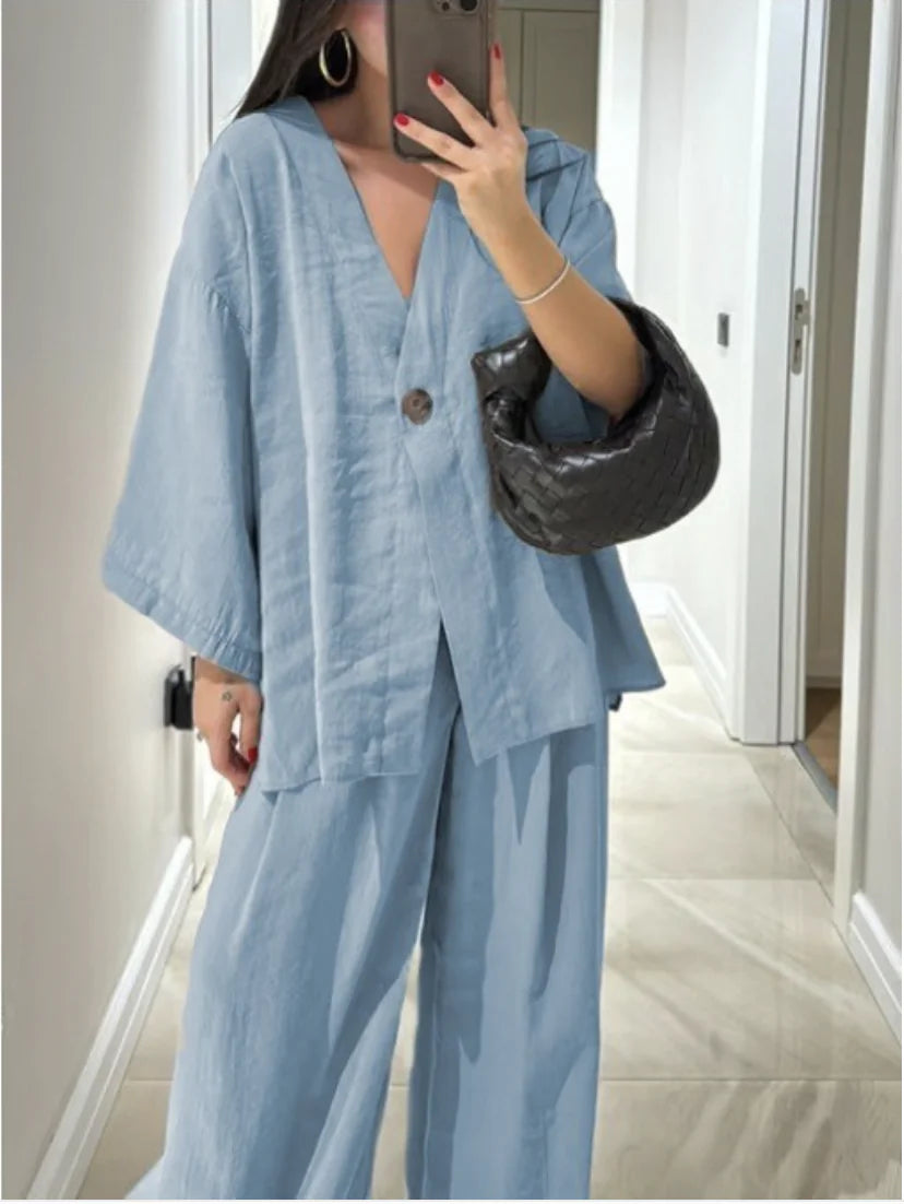Women's V-Neck Wide Leg Pants Set