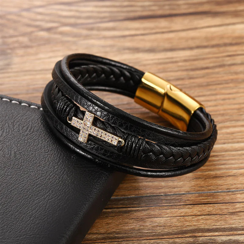 Geflochtenes Retro-Lederarmband für Herren – Akzente aus Stahl